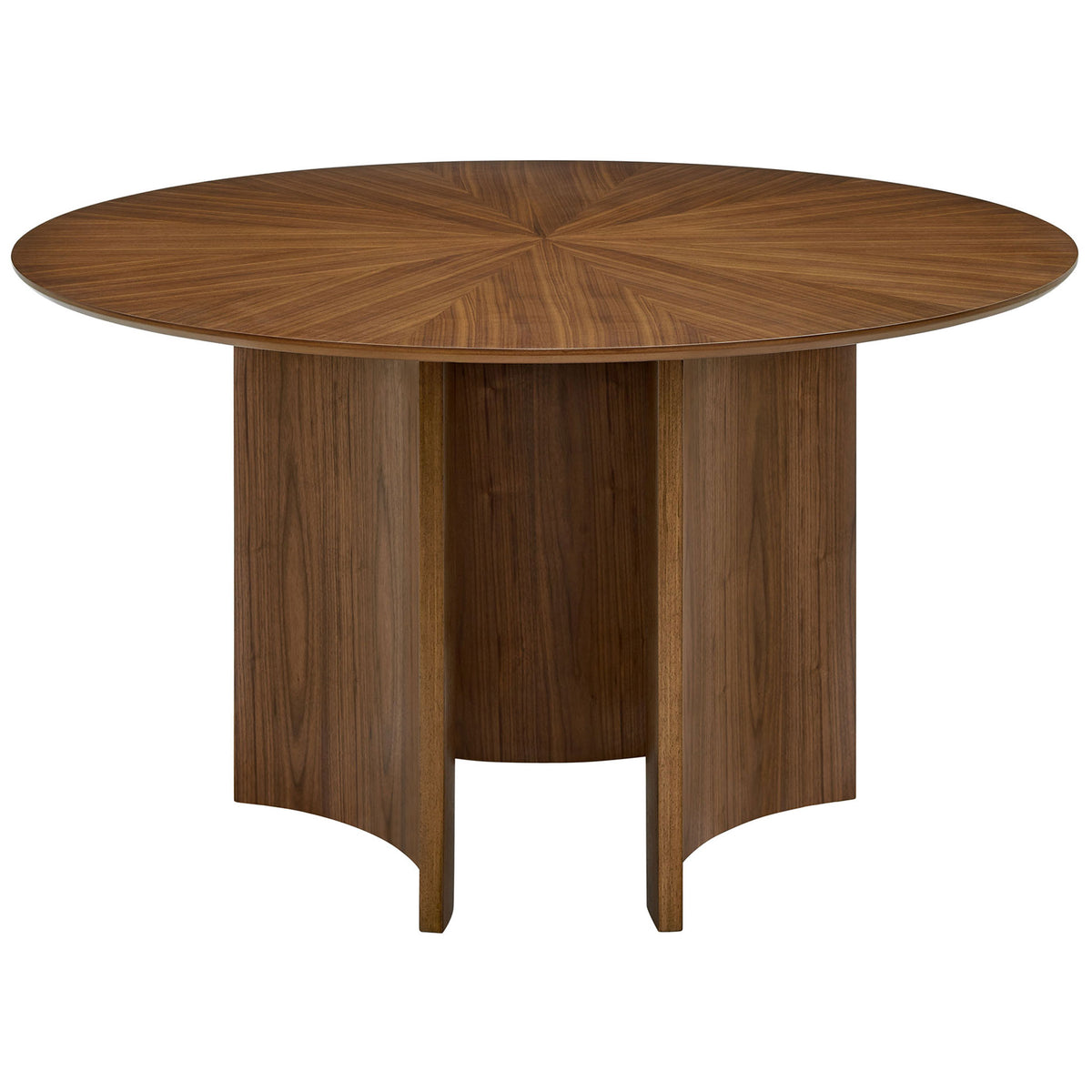 Walnut round dining table with starburst veneer top and sculptural curved base for modern spaces || EEI-7603-WAL || front_studio