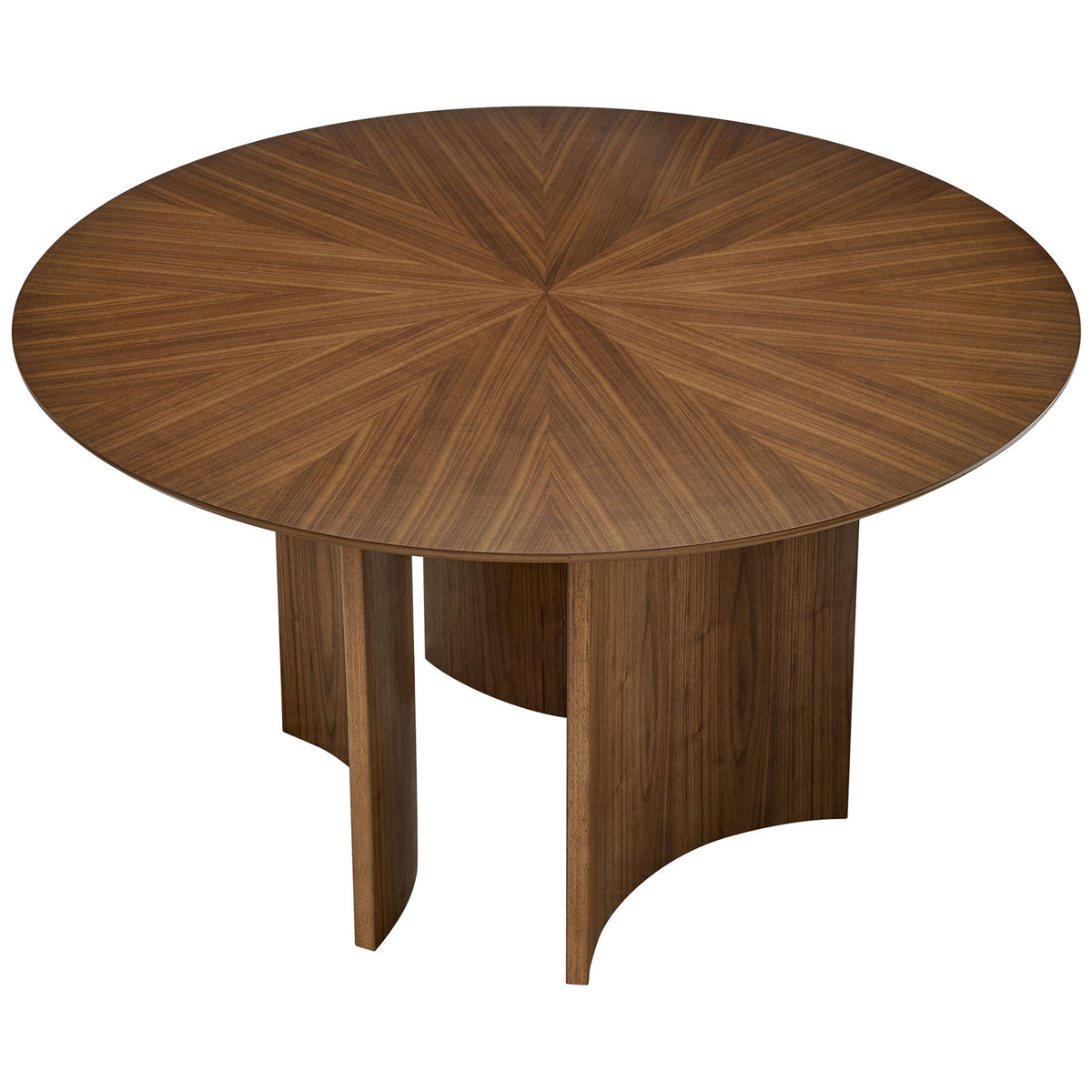 Round walnut dining tabletop highlighting the radial starburst grain and smooth beveled edge || EEI-7603-WAL || top_angle_studio