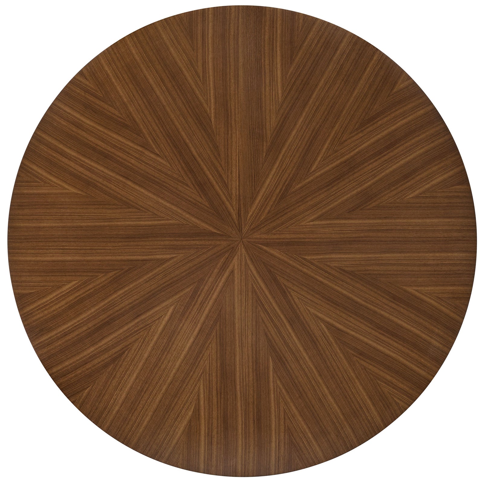 Top view of walnut dining table showcasing the geometric starburst veneer pattern across the round surface || EEI-7603-WAL || top_studio