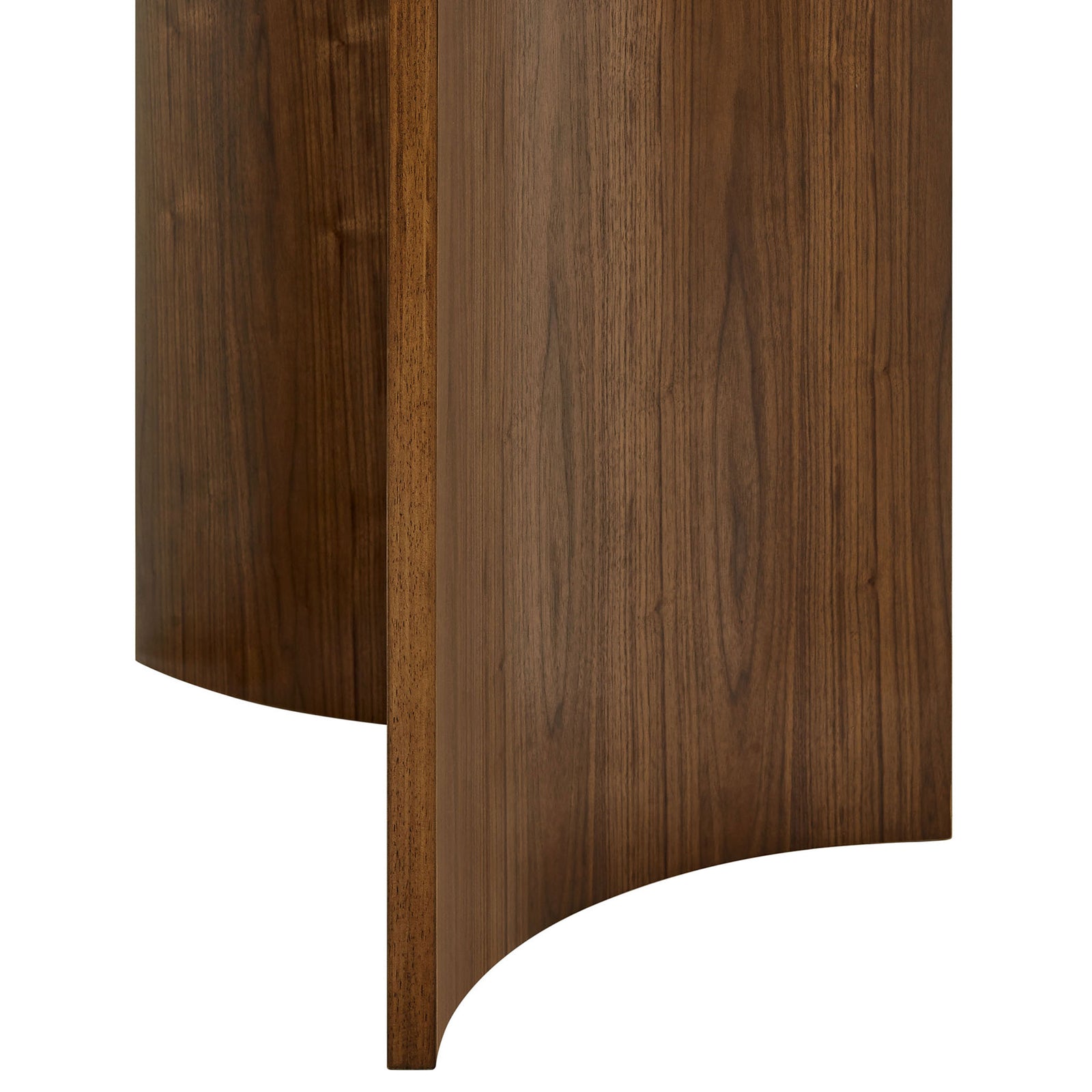 Close-up of the walnut table leg panels with curved cutout base and warm wood grain detail || EEI-7603-WAL || leg_studio