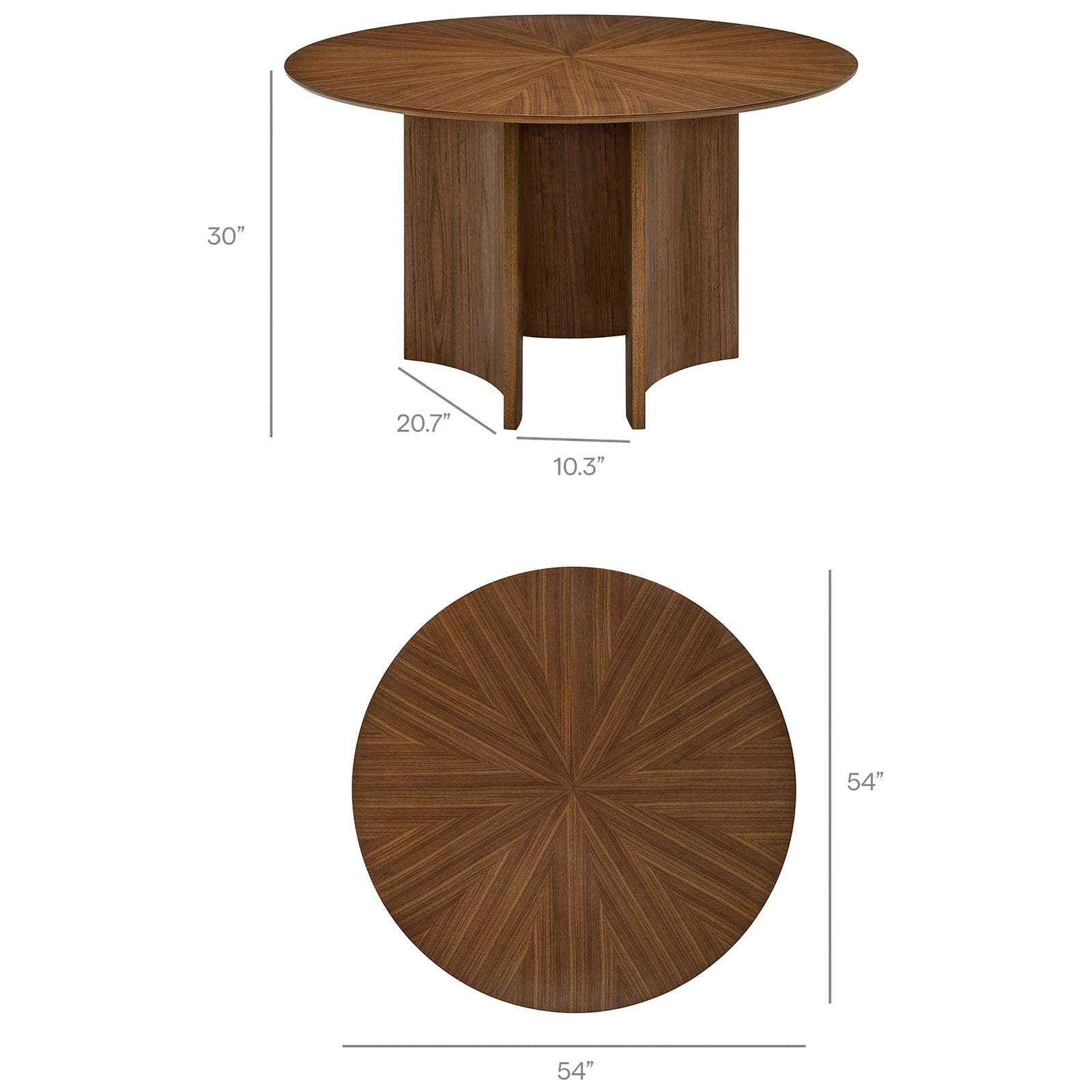 Dimensions of the walnut round dining table showing overall height, diameter, and base clearances || EEI-7603-WAL || dimension_studio