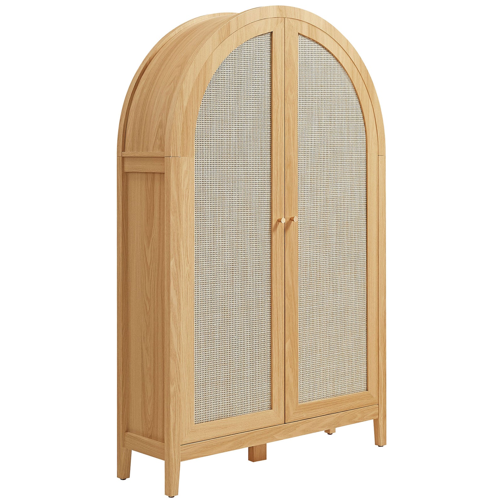 Arched oak storage cabinet with woven-look doors and sleek round pulls. || EEI-7604-OAK || front_angle_studio