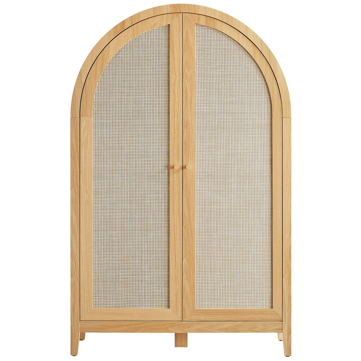 Tall arched cabinet in oak with faux rattan double doors and minimalist knobs. || EEI-7604-OAK || front_studio