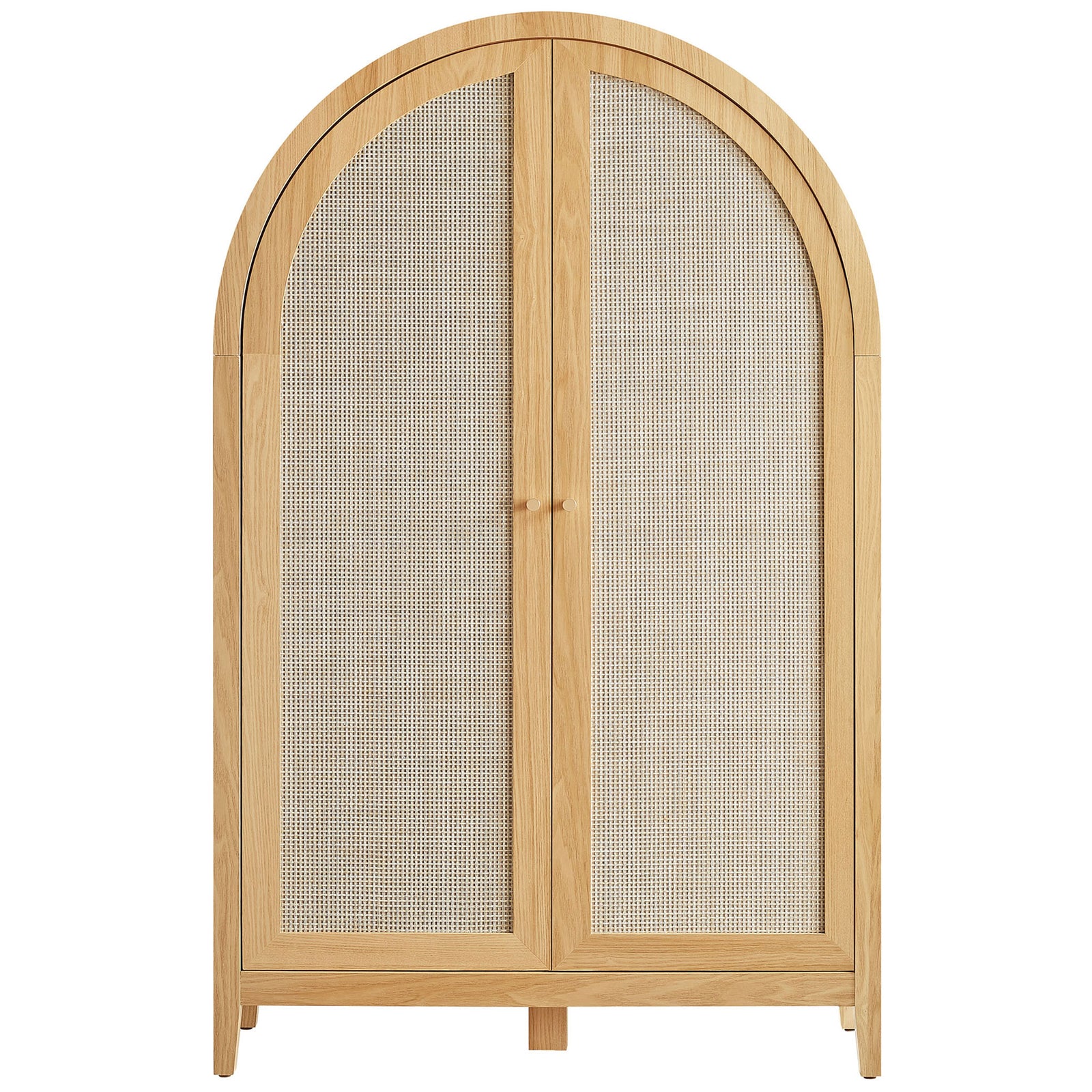 Tall arched cabinet in oak with faux rattan double doors and minimalist knobs. || EEI-7604-OAK || front_studio