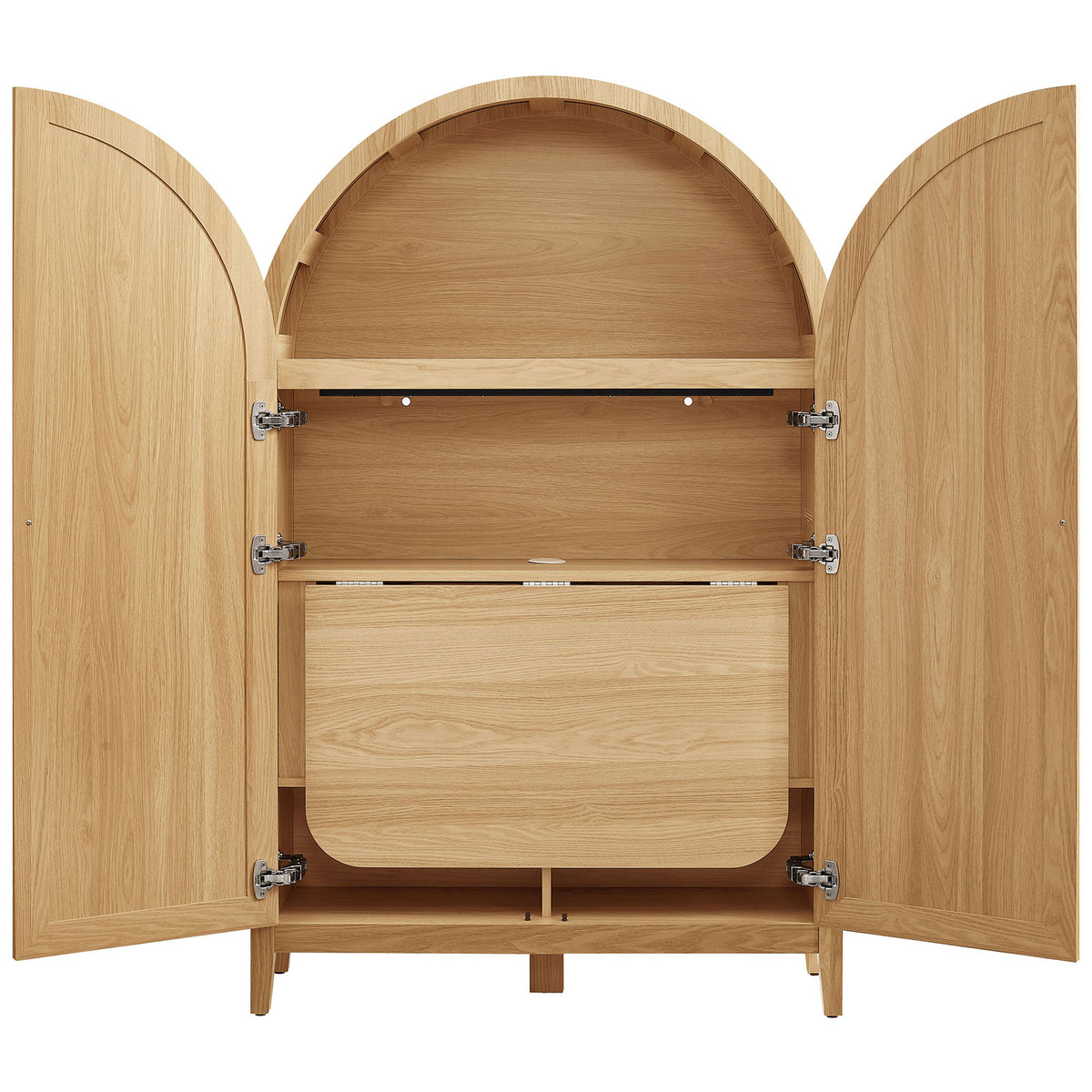 Interior shelves and folding desk stow neatly behind the arched doors. || EEI-7604-OAK || front_open_studio