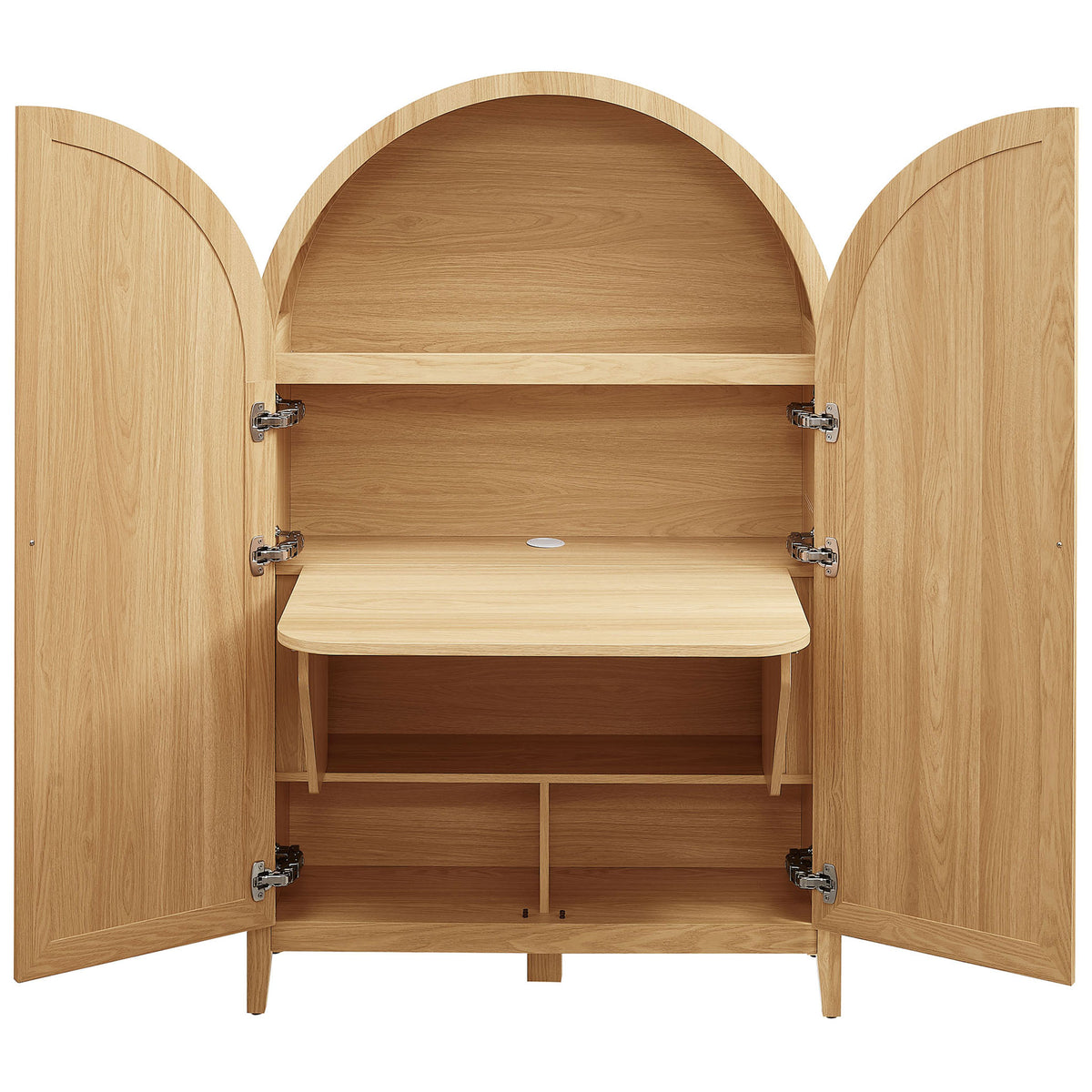 Fold-down oak desk creates a compact workspace inside the arched cabinet. || EEI-7604-OAK || front_converted_studio