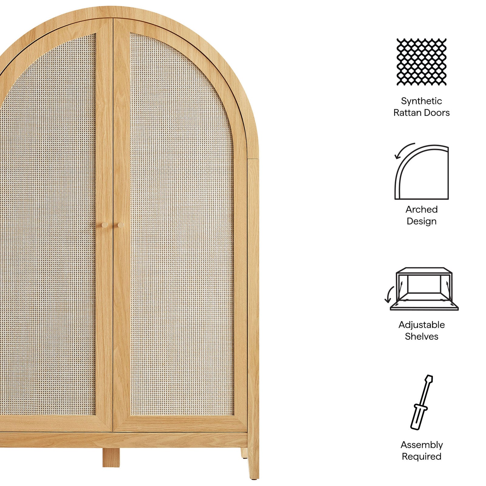 Key features include synthetic rattan doors, arched design, shelving, and assembly required. || EEI-7604-OAK || callout_studio