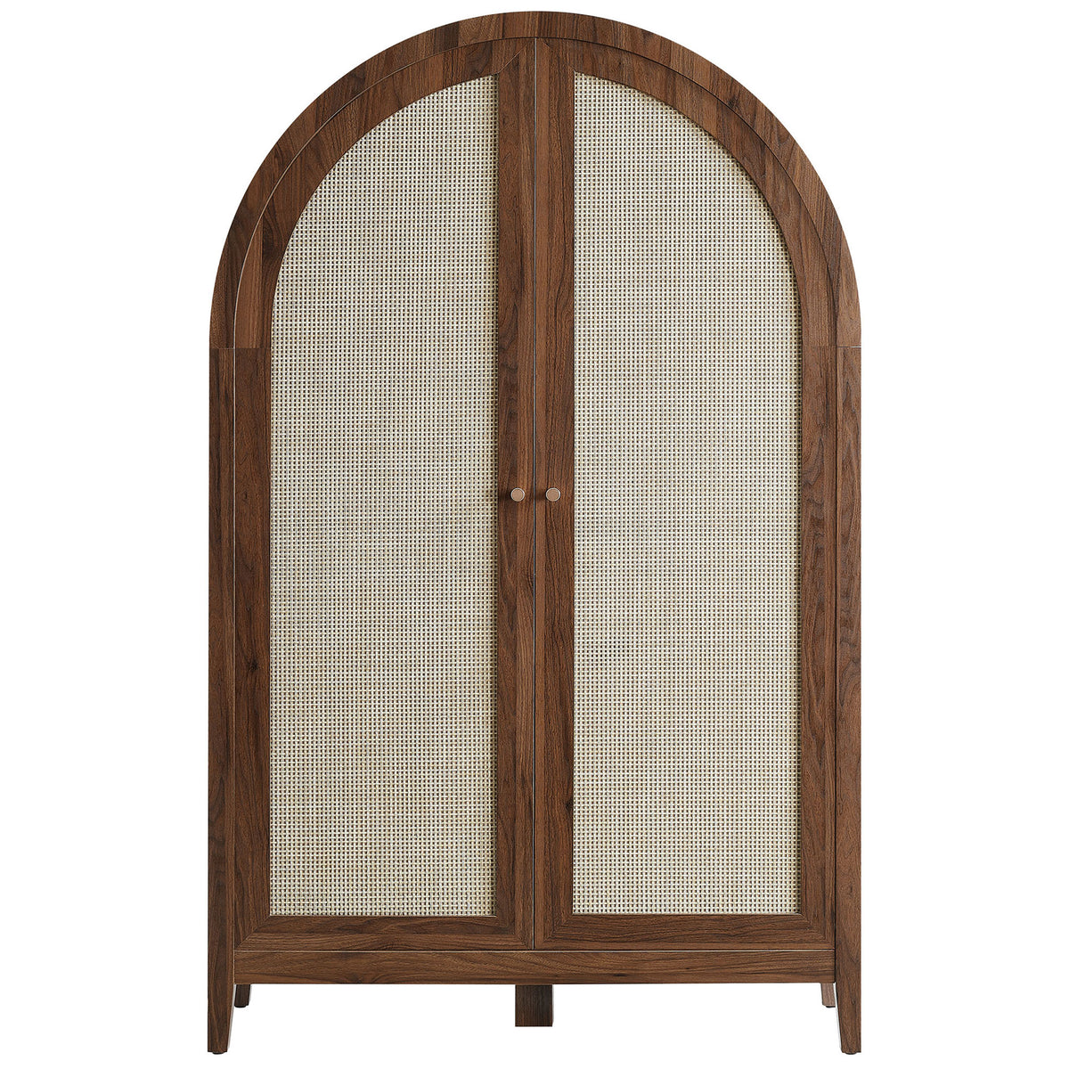 Arched walnut cabinet with faux rattan doors and refined round pulls for a warm, textural look || EEI-7604-WAL || front_studio