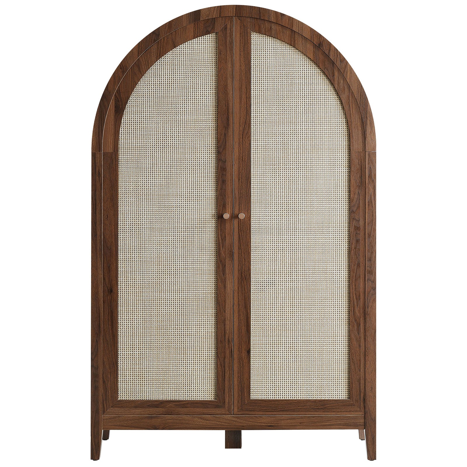 Arched walnut cabinet with faux rattan doors and refined round pulls for a warm, textural look || EEI-7604-WAL || front_studio