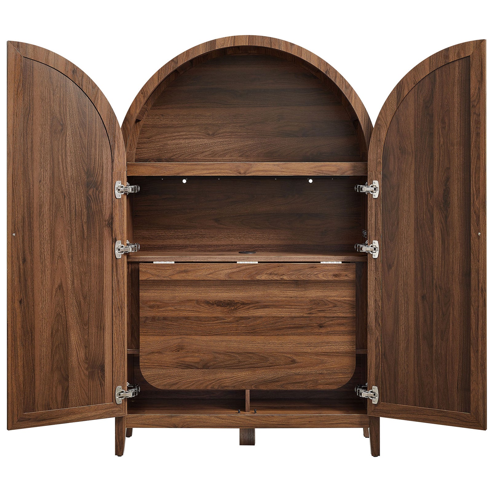 Interior reveals adjustable shelving and a stowable folding desk for flexible home office storage || EEI-7604-WAL || front_open_studio