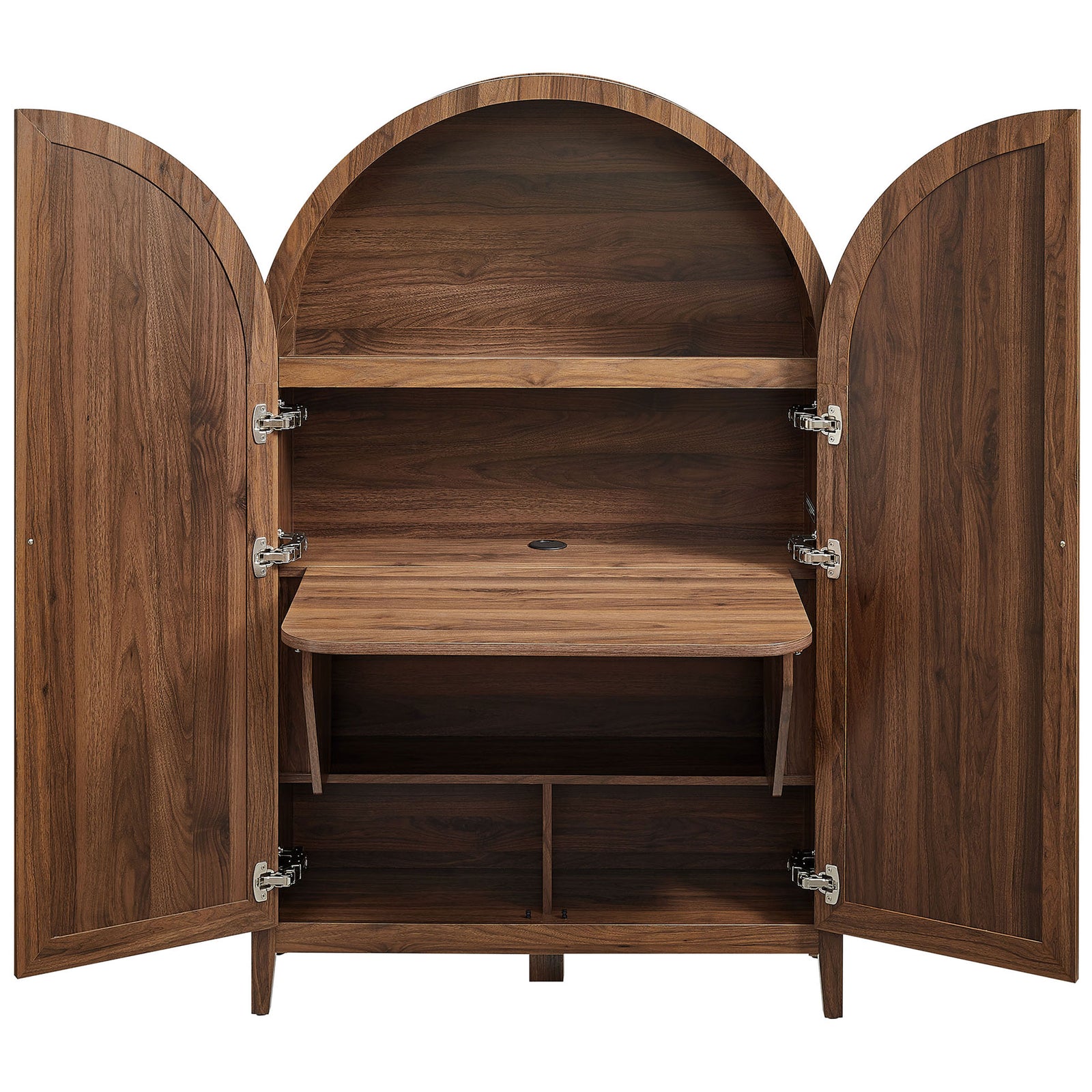 Fold-down desktop transforms the cabinet into a space-saving workstation with room to organize essentials || EEI-7604-WAL || front_converted_studio