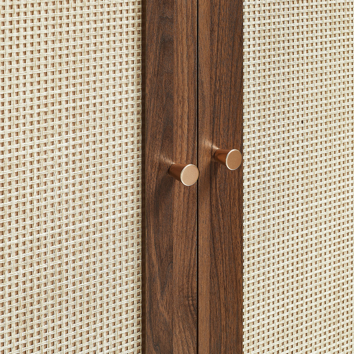 Close-up of woven faux rattan panels and minimalist round metal knobs framed by warm walnut wood || EEI-7604-WAL || handle_studio