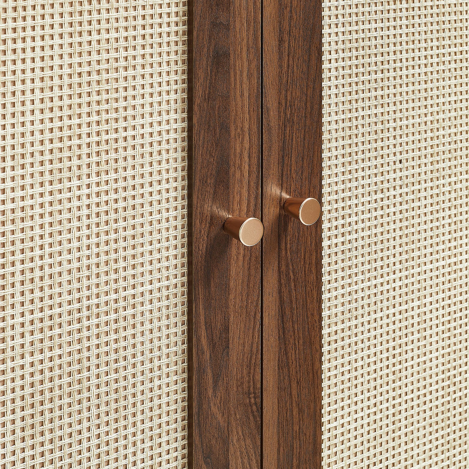Close-up of woven faux rattan panels and minimalist round metal knobs framed by warm walnut wood || EEI-7604-WAL || handle_studio
