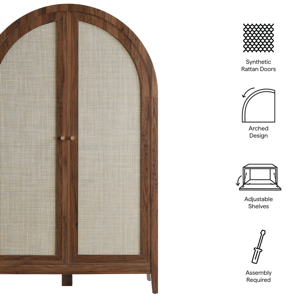 Feature highlights: synthetic rattan doors, arched design, adjustable shelves, assembly required || EEI-7604-WAL || callout_studio
