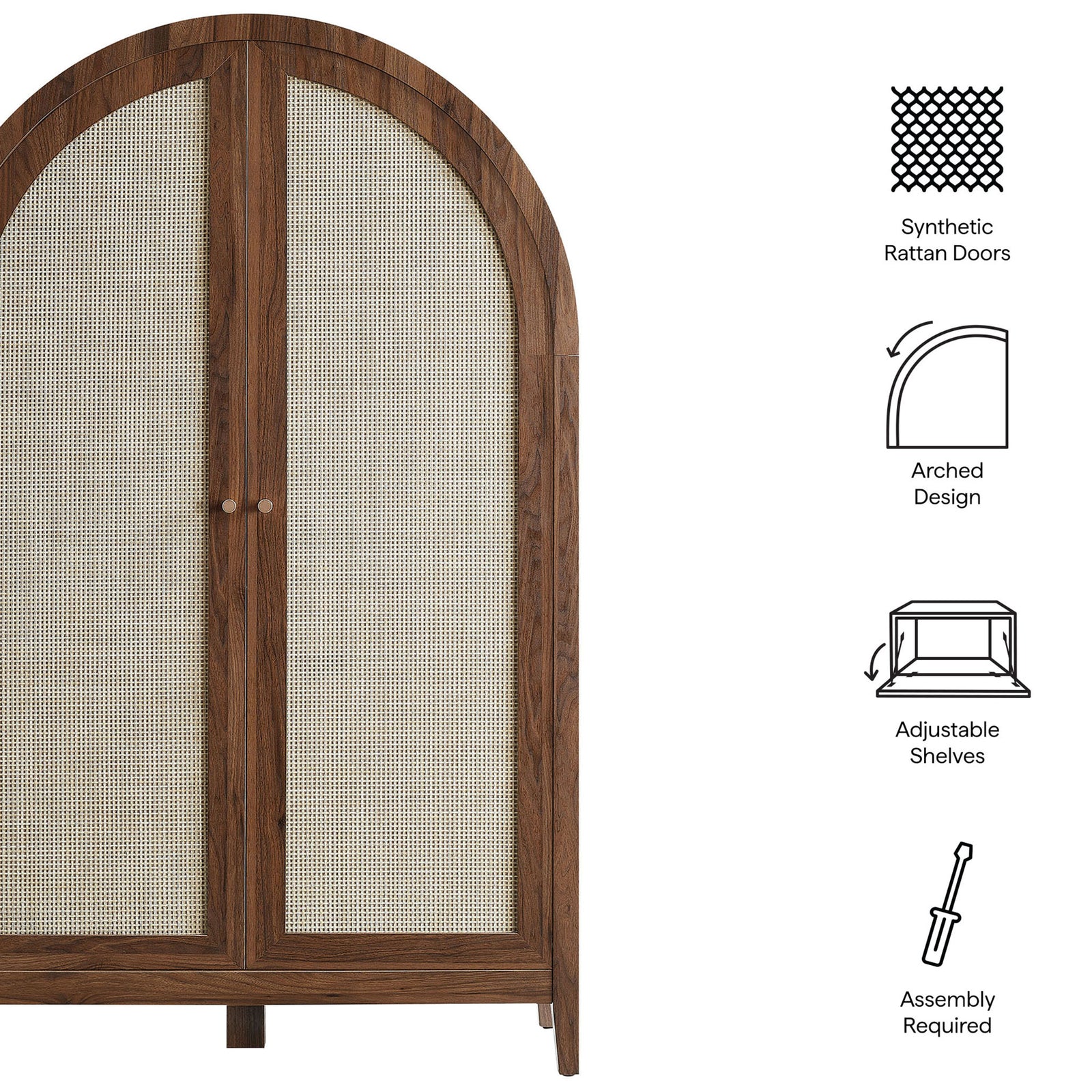 Feature highlights: synthetic rattan doors, arched design, adjustable shelves, assembly required || EEI-7604-WAL || callout_studio