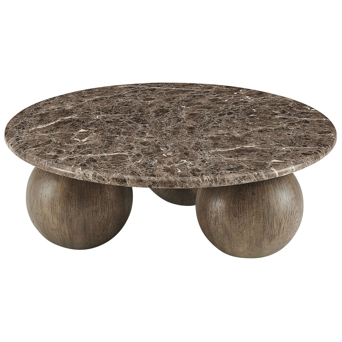 Round dark marble-look coffee table with three sculptural wood-look sphere legs || EEI-7622-EMP || front_angle_studio
