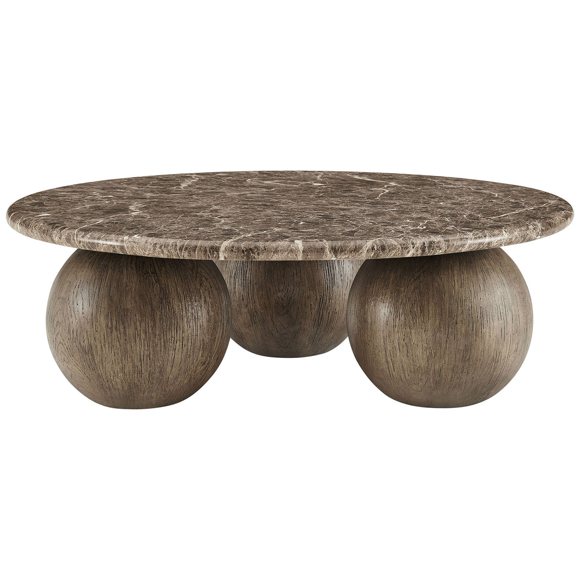 Low-profile round coffee table with dark emperador marble-look top and three ball pedestal legs || EEI-7622-EMP || front_studio