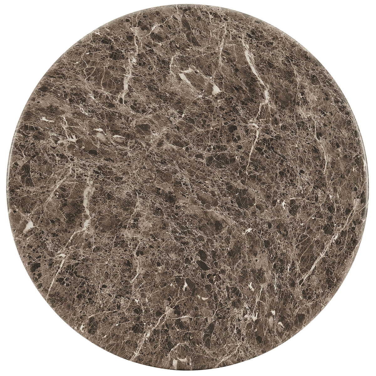 Circular dark emperador marble-look tabletop with rich veining and a smooth rounded edge || EEI-7622-EMP || top_studio
