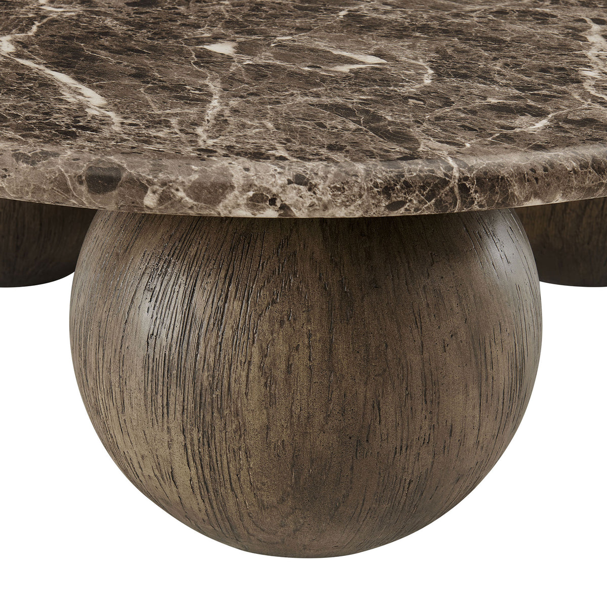 Wood-look sphere pedestal leg supporting the rounded dark marble-look coffee table top || EEI-7622-EMP || leg_studio