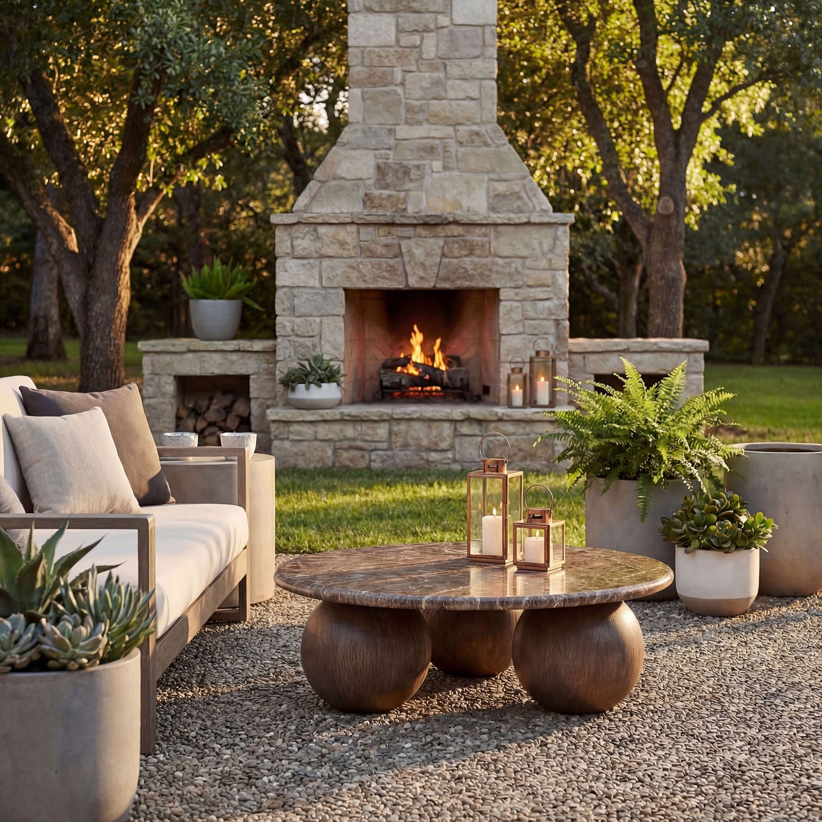 Round marble-look coffee table anchoring an outdoor lounge with sofa, planters, and stone fireplace || EEI-7622-EMP || front_angle_room