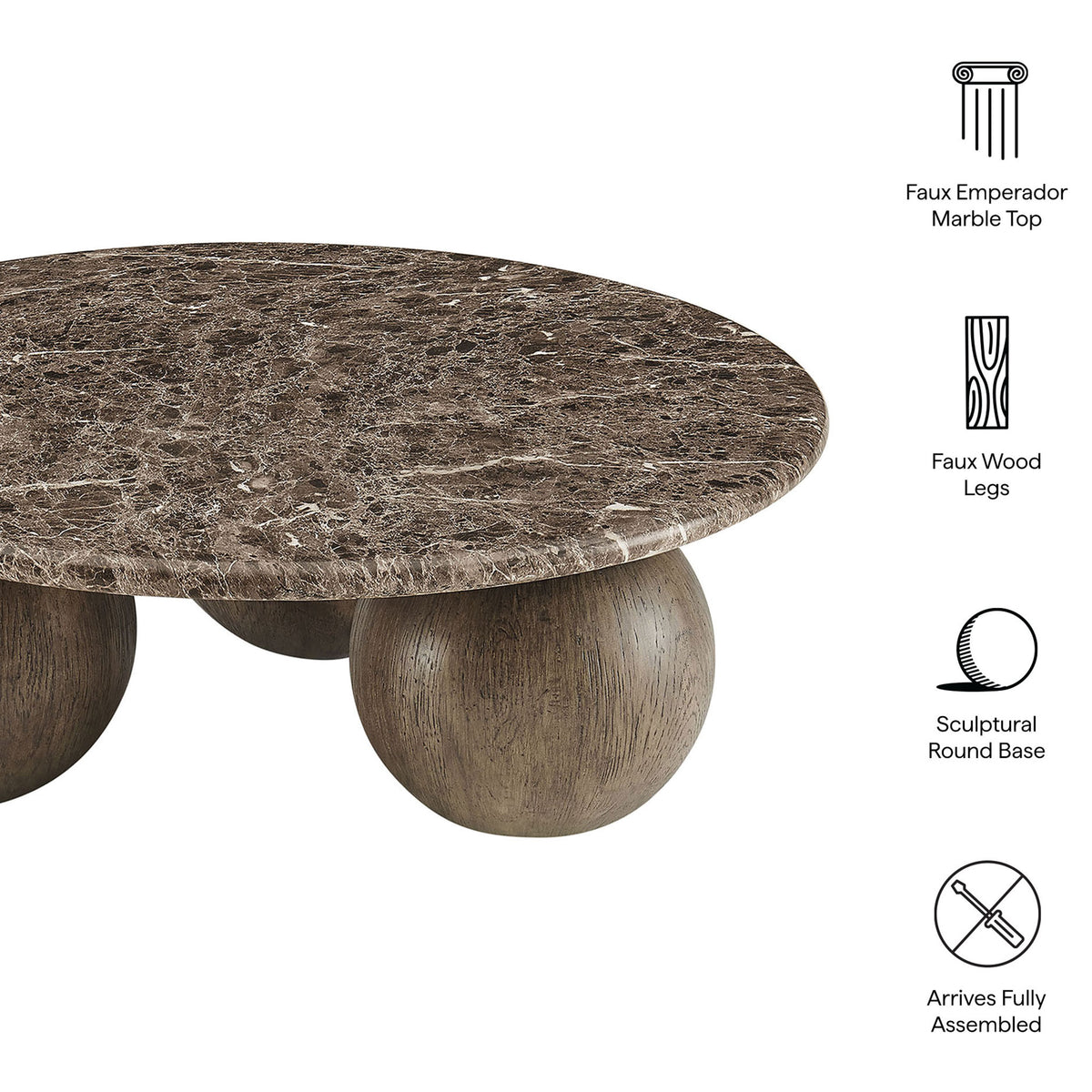 Round marble-look coffee table with sculptural sphere base, faux wood legs, and fully assembled design || EEI-7622-EMP || callout_studio