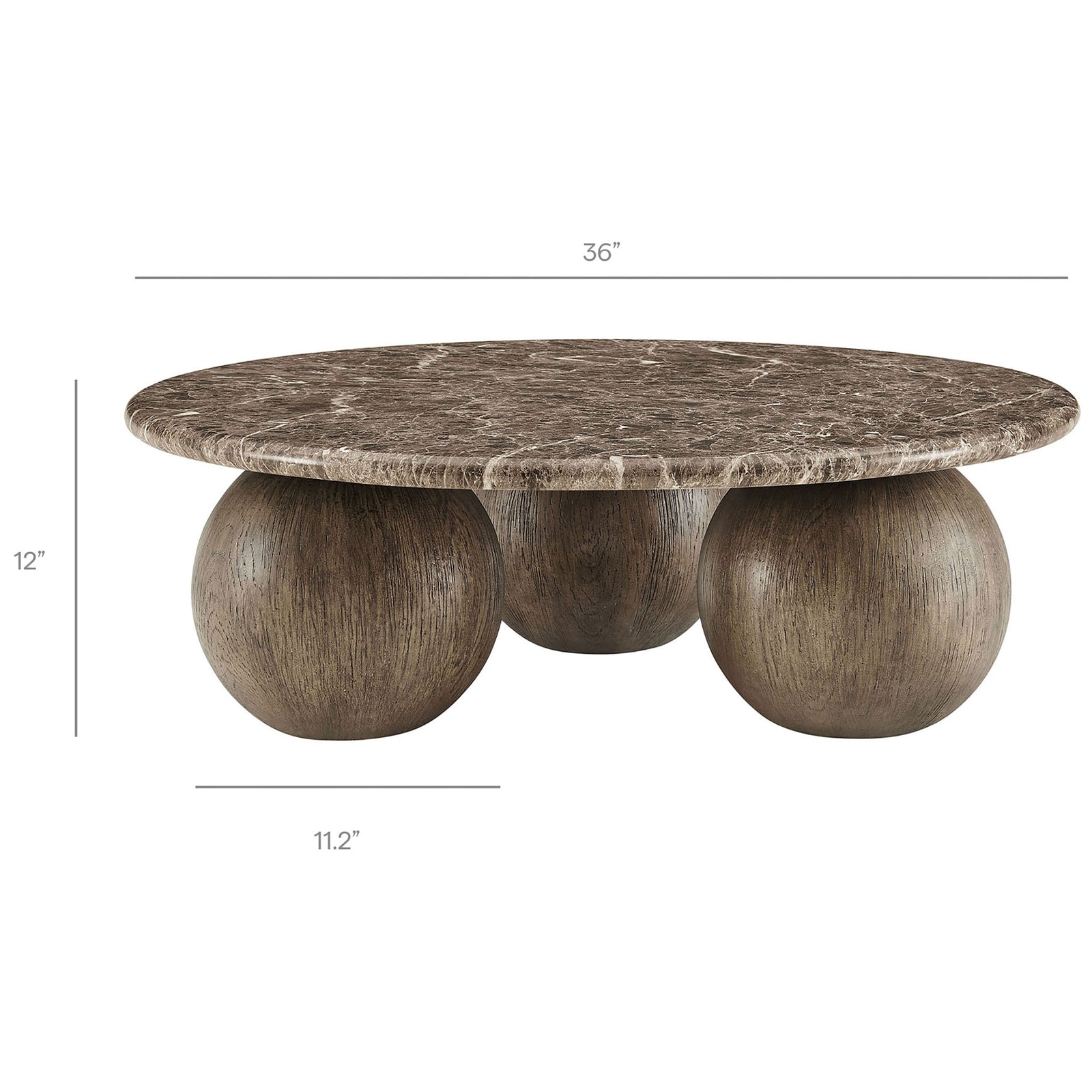 Round marble-look coffee table with sphere base shown with overall height and width measurements || EEI-7622-EMP || dimension_studio