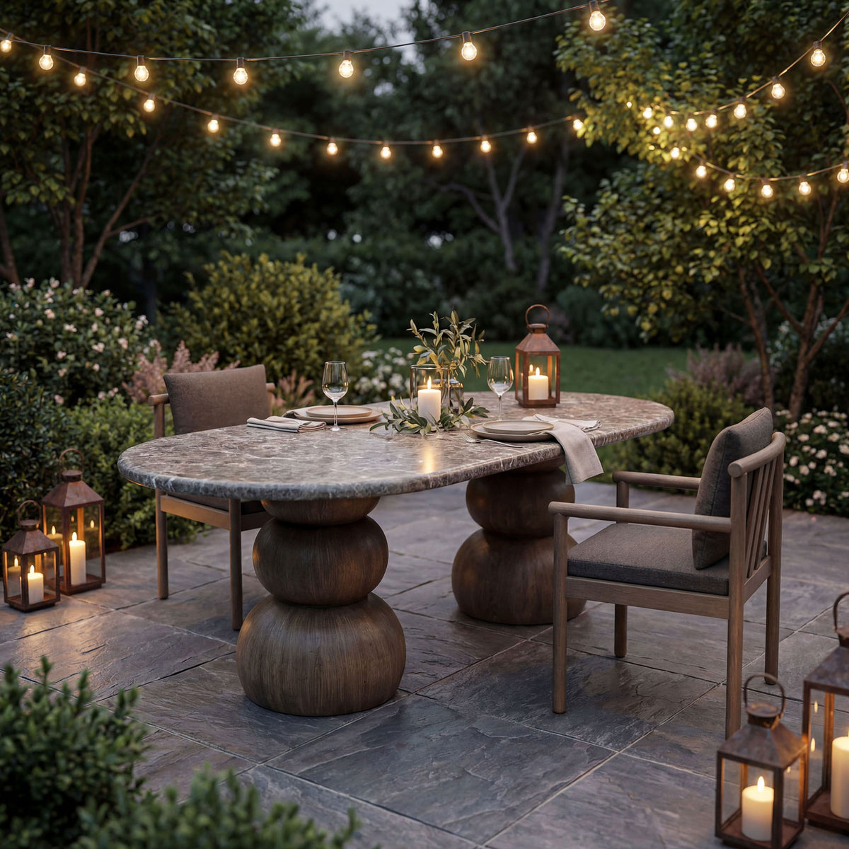 Outdoor patio scene featuring the Pietra oval dining table styled with chairs, lanterns, and greenery || EEI-7623-EMP || front_angle_room