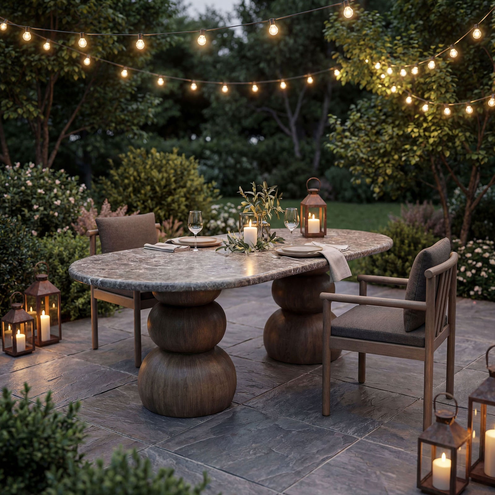 Outdoor patio scene featuring the Pietra oval dining table styled with chairs, lanterns, and greenery || EEI-7623-EMP || front_angle_room