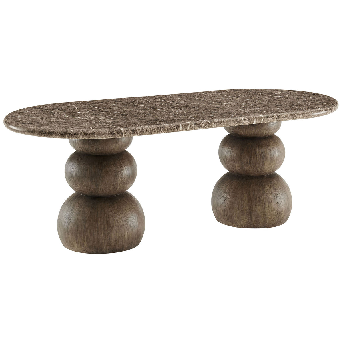 Sculptural oval dining table with dark emperador-look top and dual stacked ball pedestals || EEI-7623-EMP || front_angle_studio