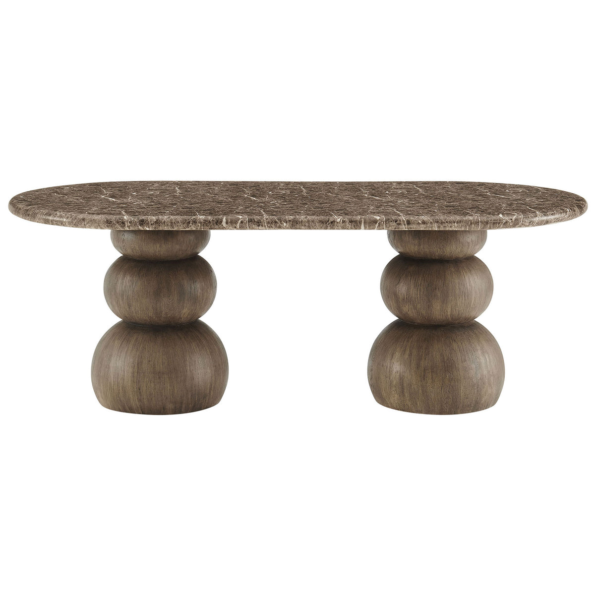 Modern oval dining table featuring a dark faux marble top and two sculptural pedestal bases || EEI-7623-EMP || front_studio