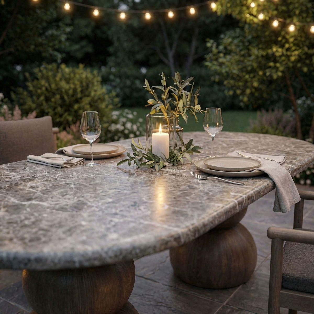 Tabletop set for evening dining with candlelight reflecting off the dark marble-look surface || EEI-7623-EMP || detail_room