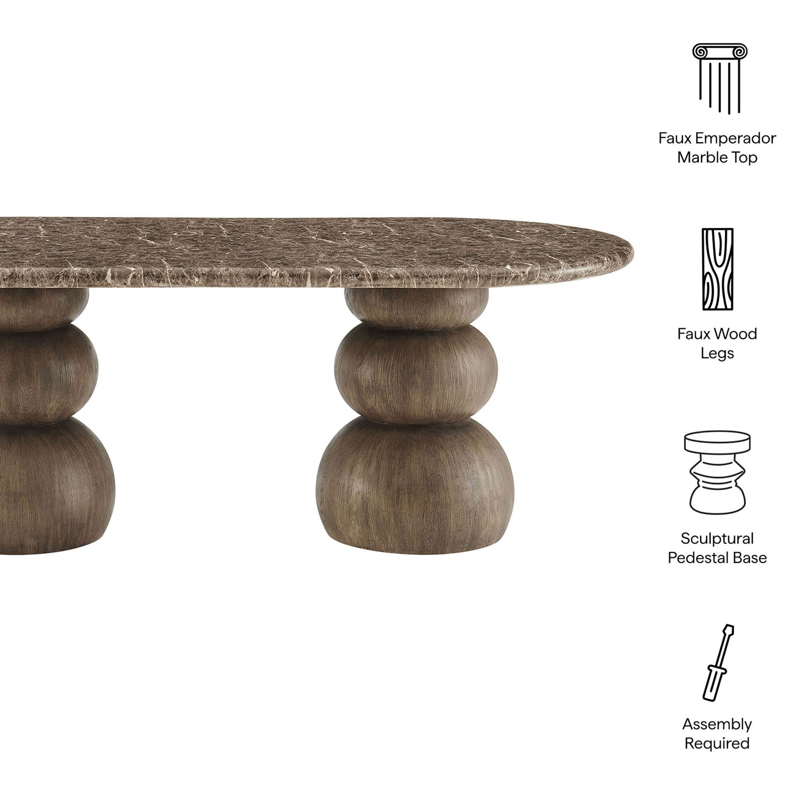 Key features include a faux marble top, faux wood legs, sculptural pedestal base, and simple assembly || EEI-7623-EMP || callout_studio