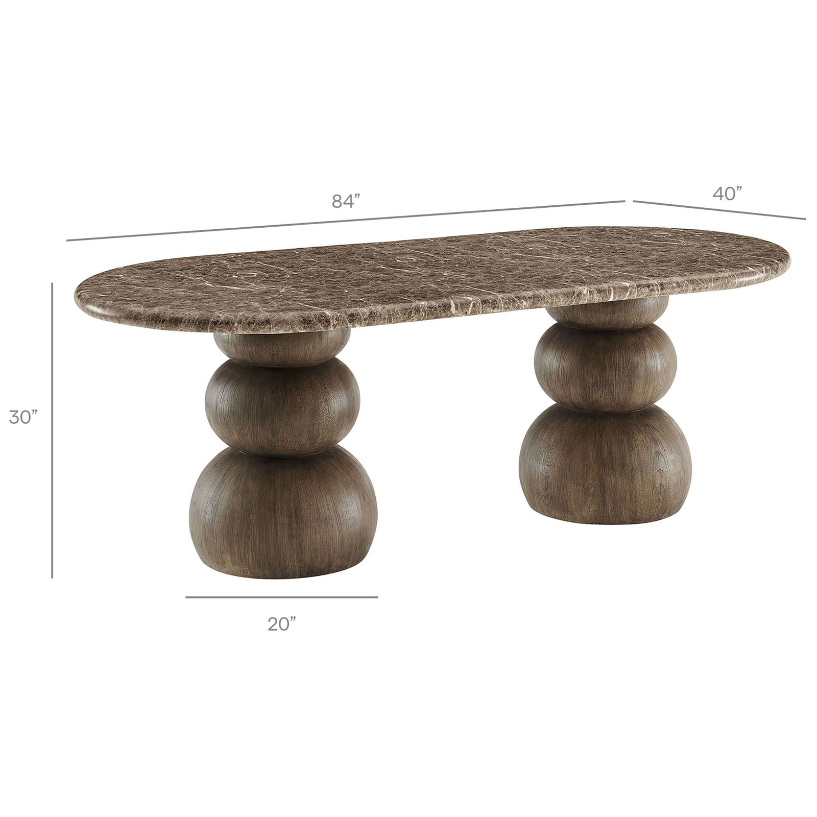 Dimensions of the oval dining table show overall length, width, height, and base spacing || EEI-7623-EMP || dimension_studio