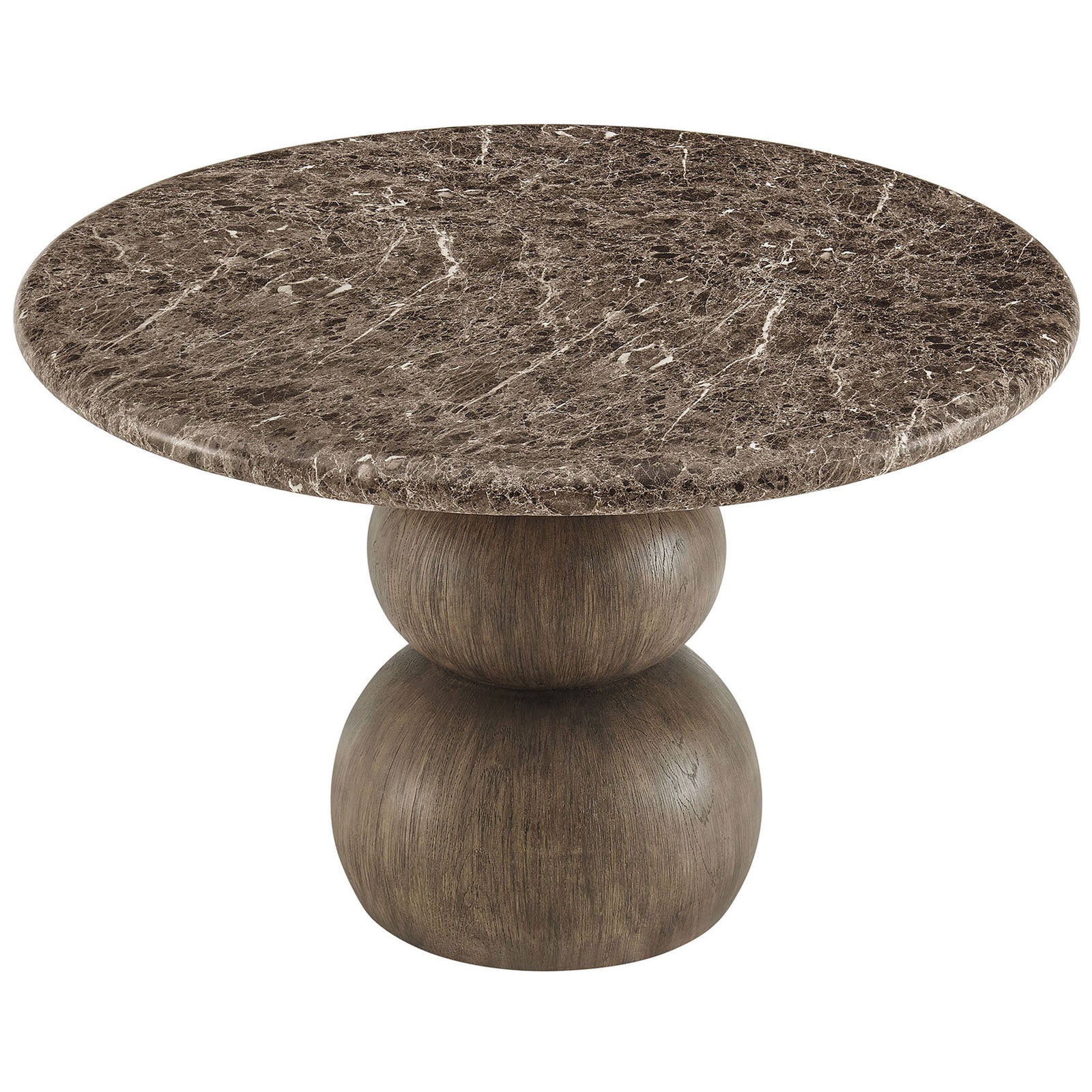 Round dining table with dark emperador-look top and sculptural stacked ball pedestal base || EEI-7624-EMP || front_angle_studio
