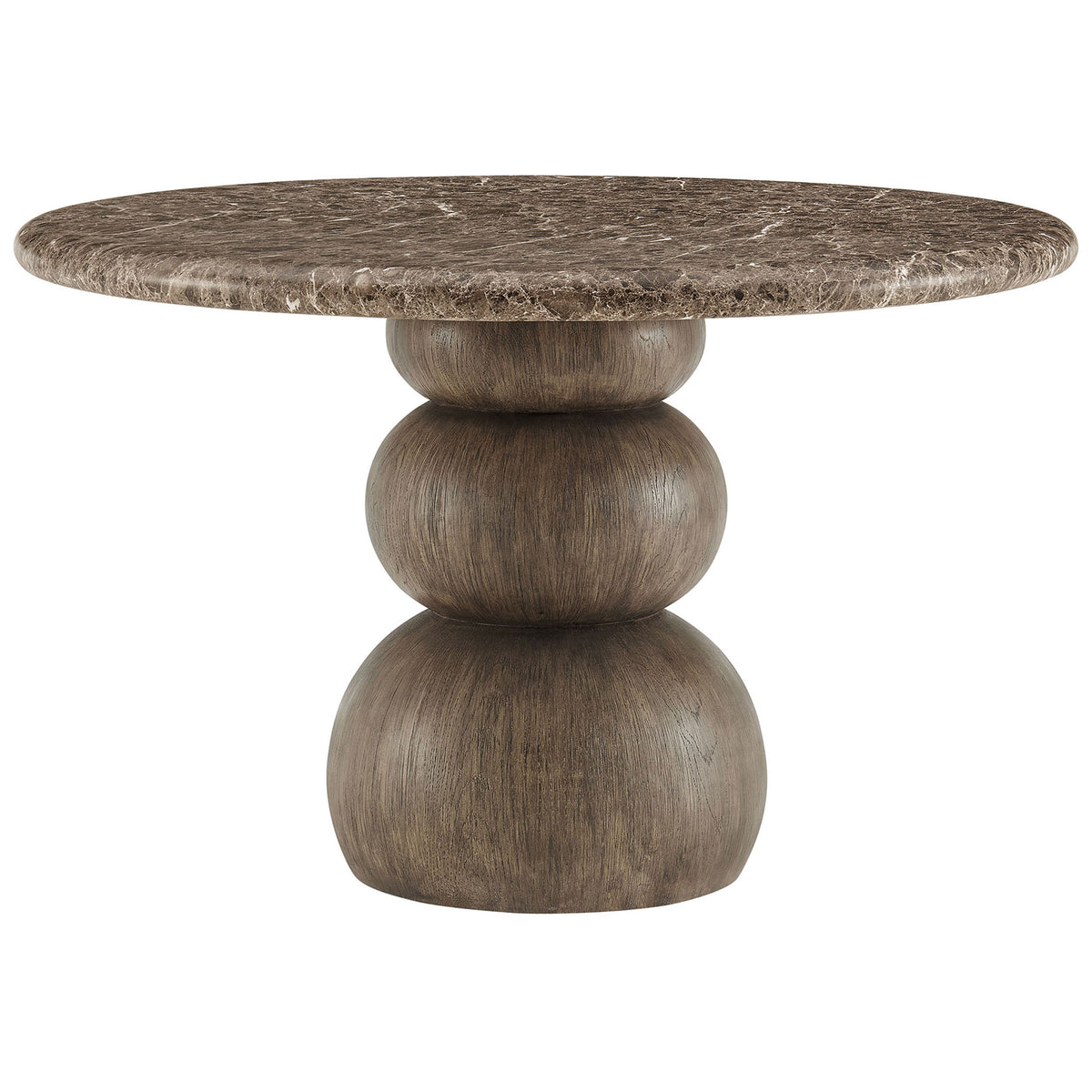 Modern round dining table featuring a rich faux marble surface and rounded pedestal form || EEI-7624-EMP || front_studio