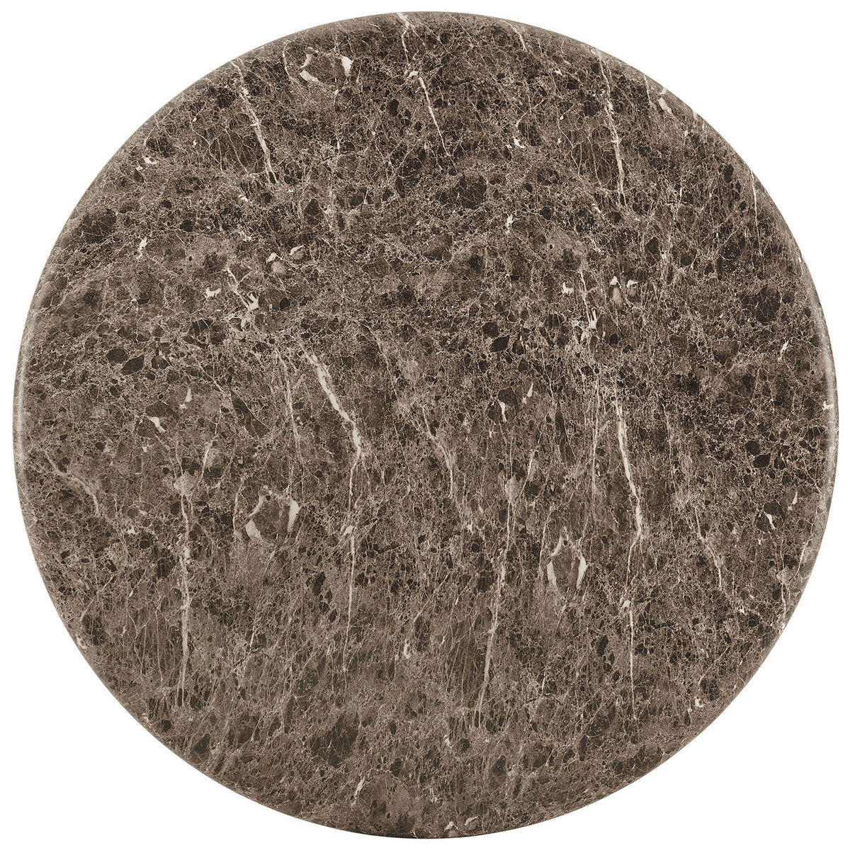 Circular tabletop in dark emperador-style finish with dynamic veining and smooth rounded edge || EEI-7624-EMP || top_studio