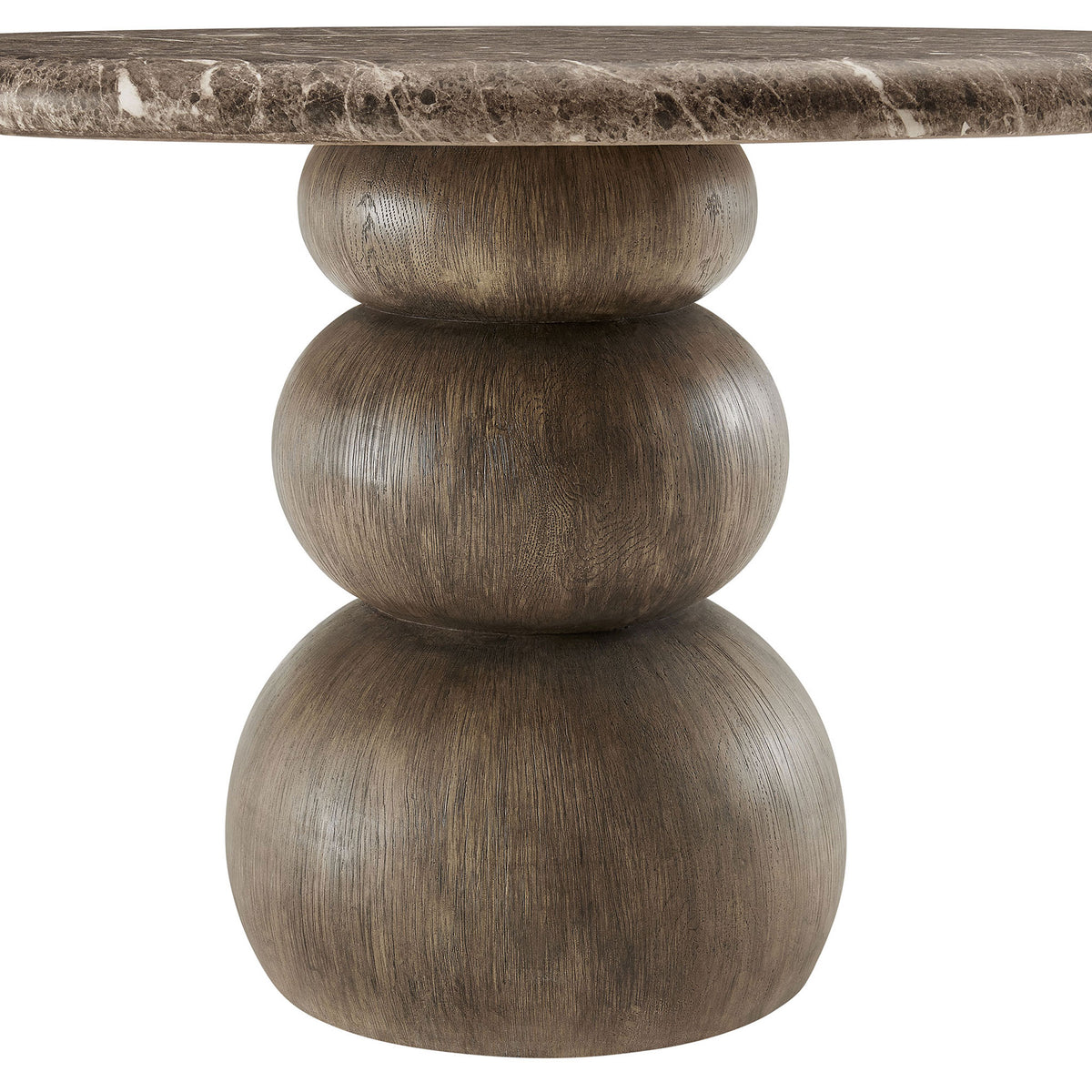 Stacked sphere pedestal base showcases the warm faux wood grain beneath the marble-look top || EEI-7624-EMP || leg_studio