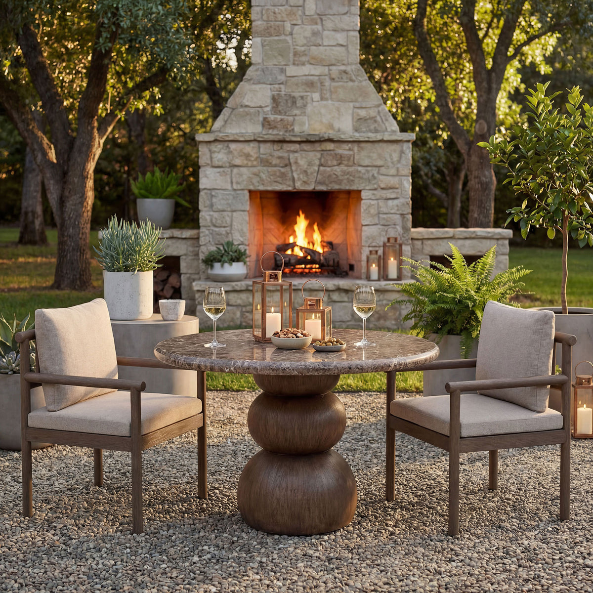 Outdoor entertaining scene with the Pietra round dining table surrounded by lounge-style chairs || EEI-7624-EMP || front_angle_room
