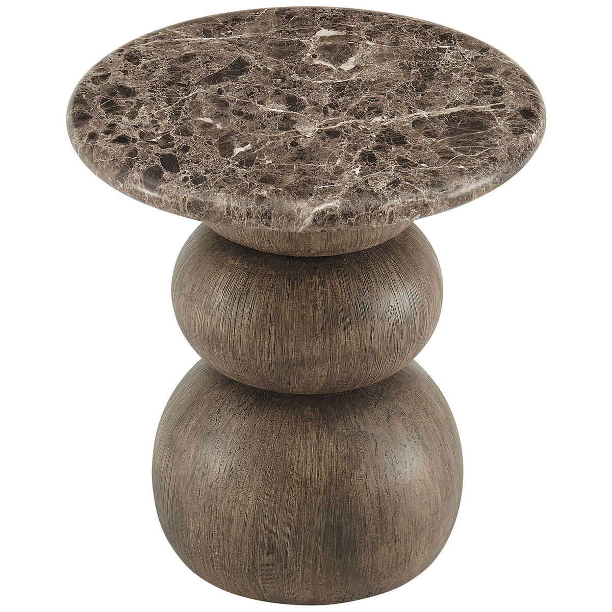 Rounded marble-look side table with three sculpted faux wood spheres creating a playful yet grounded silhouette. || EEI-7625-EMP || front_angle_studio