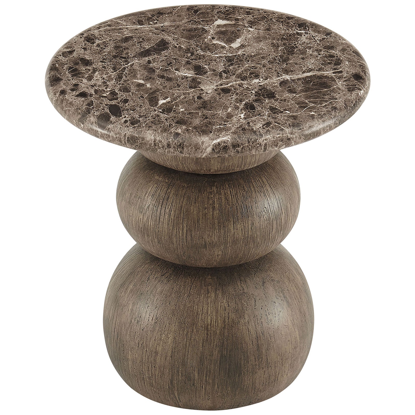 Rounded marble-look side table with three sculpted faux wood spheres creating a playful yet grounded silhouette. || EEI-7625-EMP || front_angle_studio