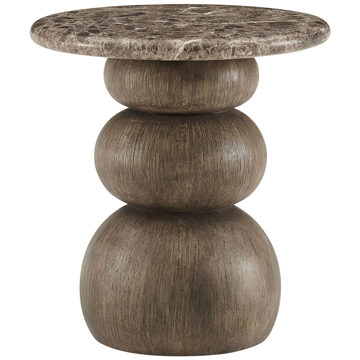 Pietra round side table with dark emperador marble-look top and sculptural faux wood pedestal base. || EEI-7625-EMP || front_studio