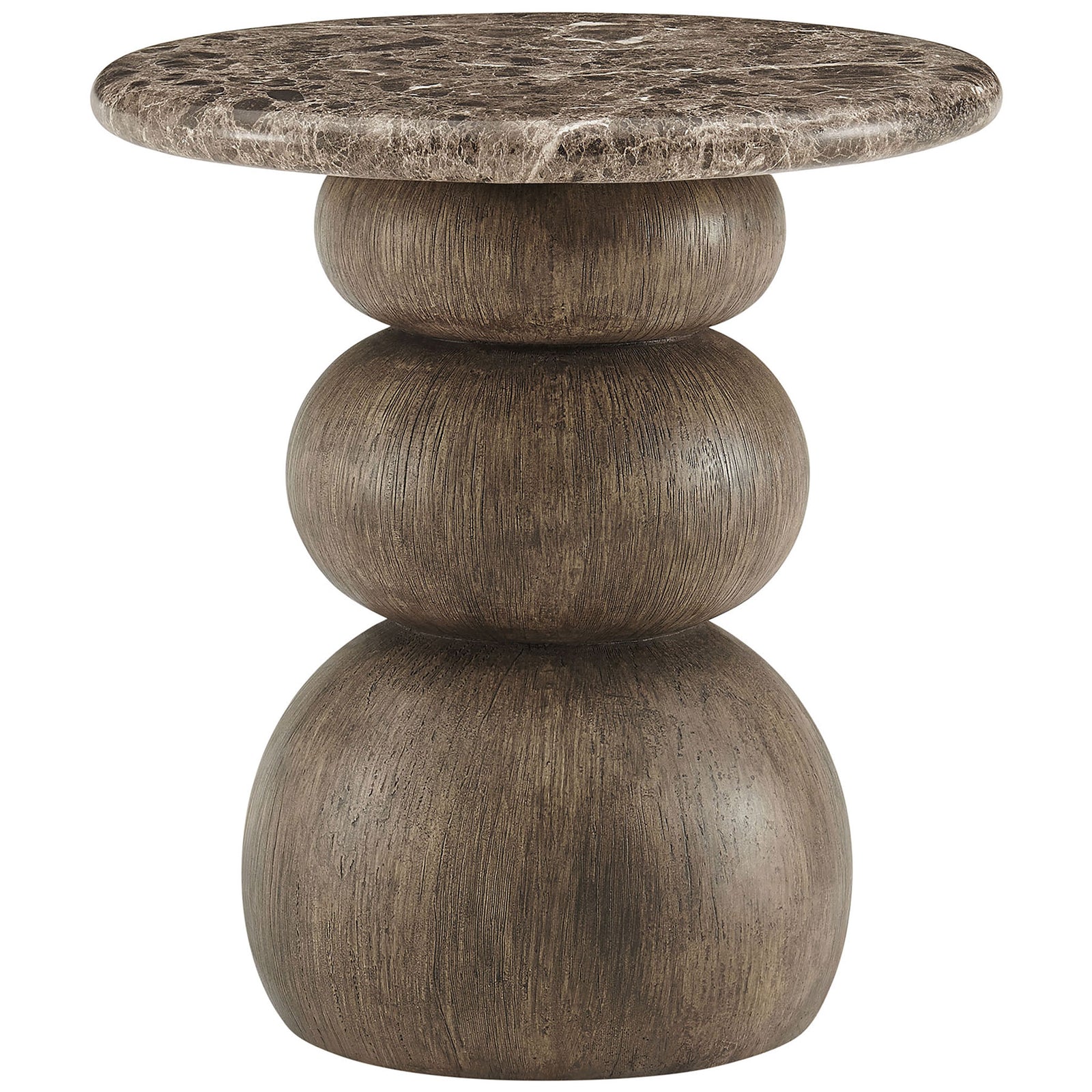 Pietra round side table with dark emperador marble-look top and sculptural faux wood pedestal base. || EEI-7625-EMP || front_studio