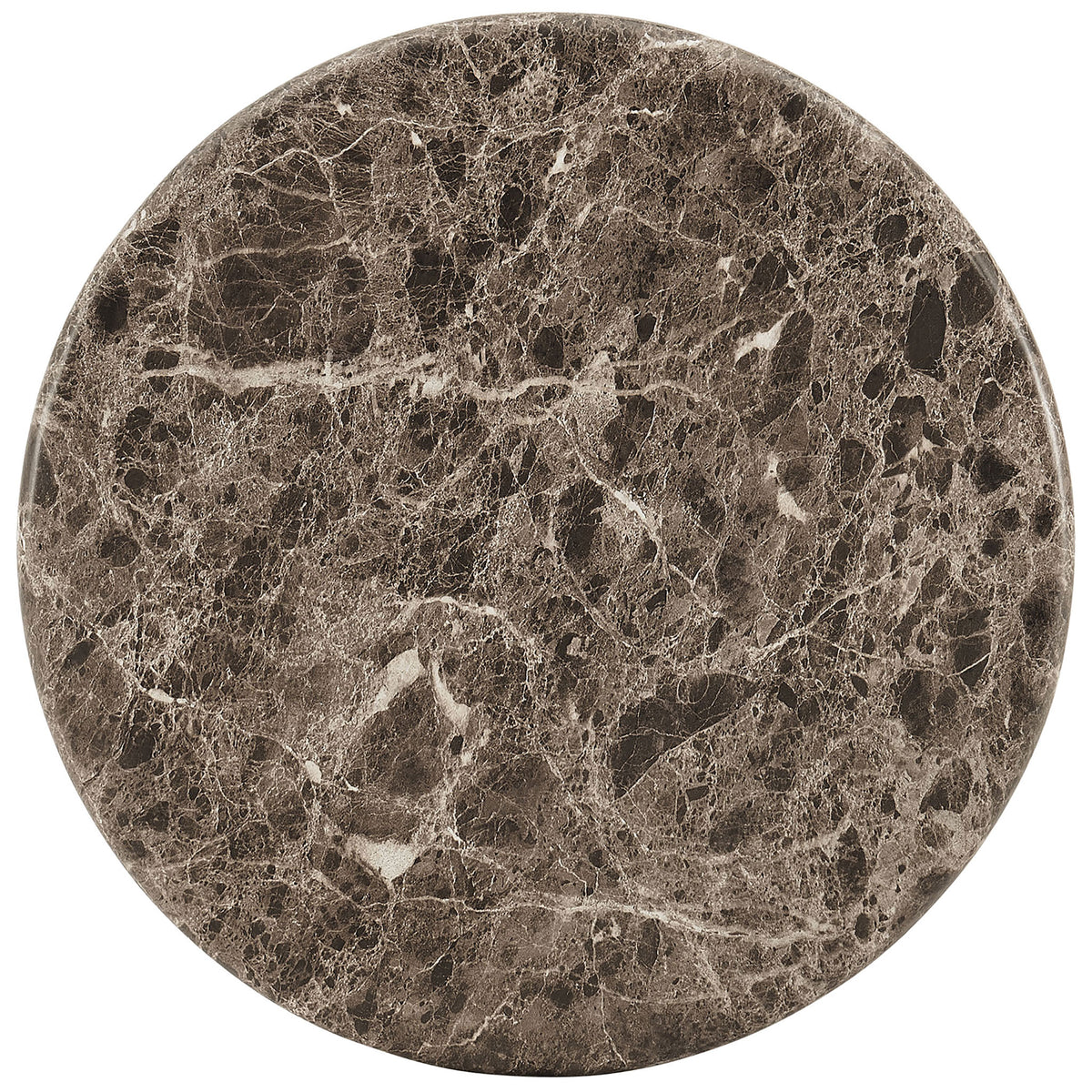 Dark emperador marble-look tabletop with rich veining that adds depth and drama to the compact round side table. || EEI-7625-EMP || top_studio