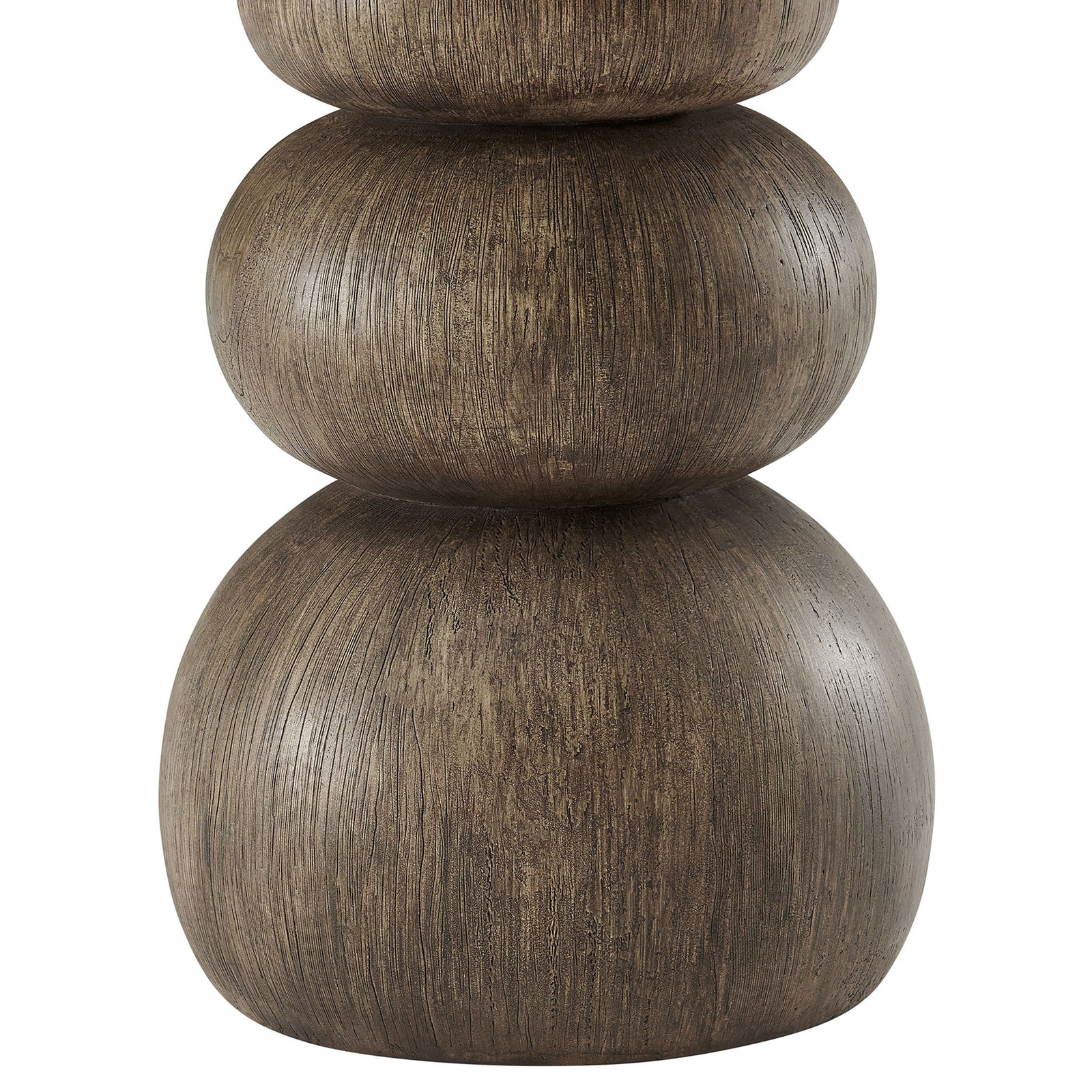 Textured faux wood pedestal base formed by three stacked spheres for a sculptural, organic look. || EEI-7625-EMP || leg_studio