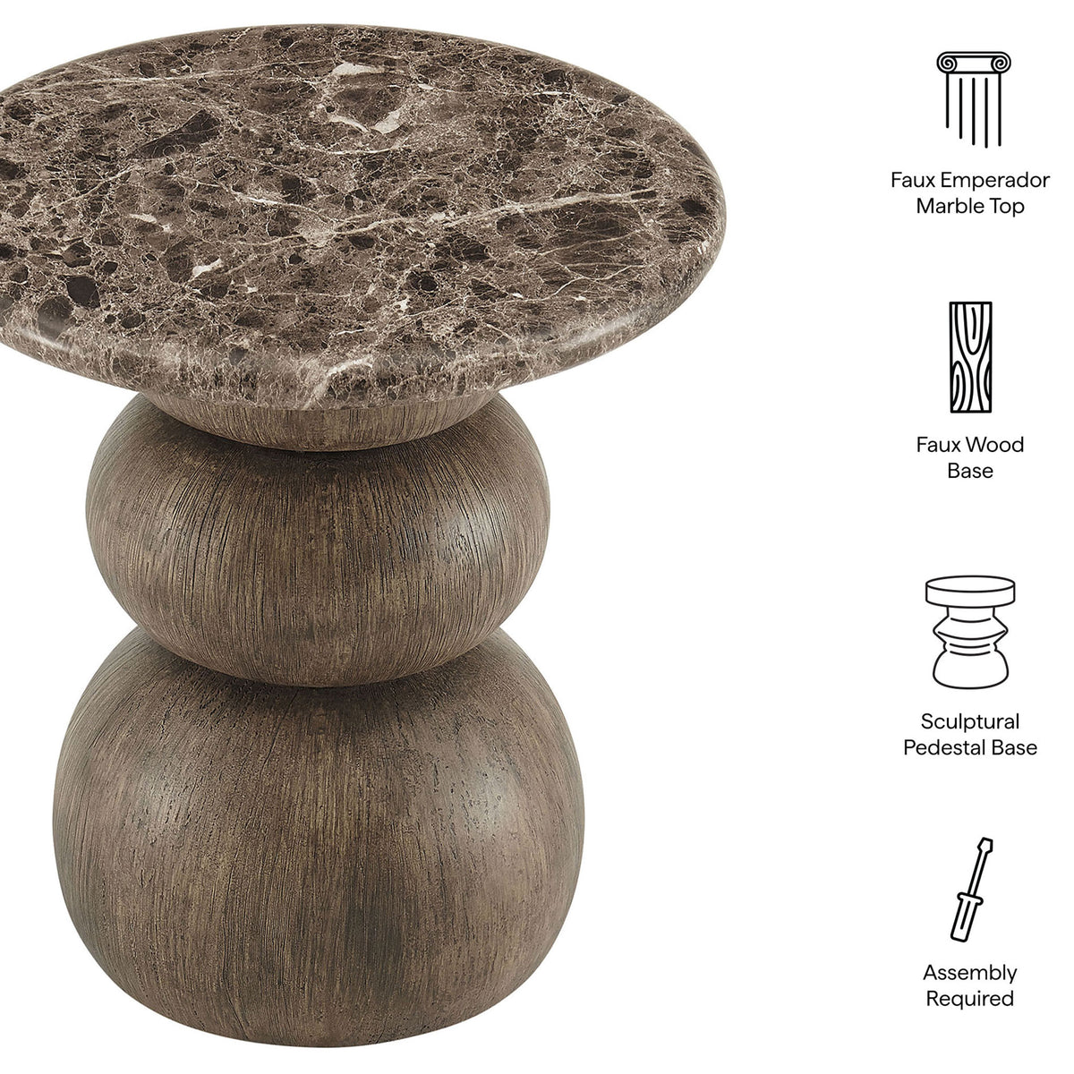 Pietra side table feature graphic highlighting the faux marble top, faux wood base, and sculptural pedestal design. || EEI-7625-EMP || callout_studio