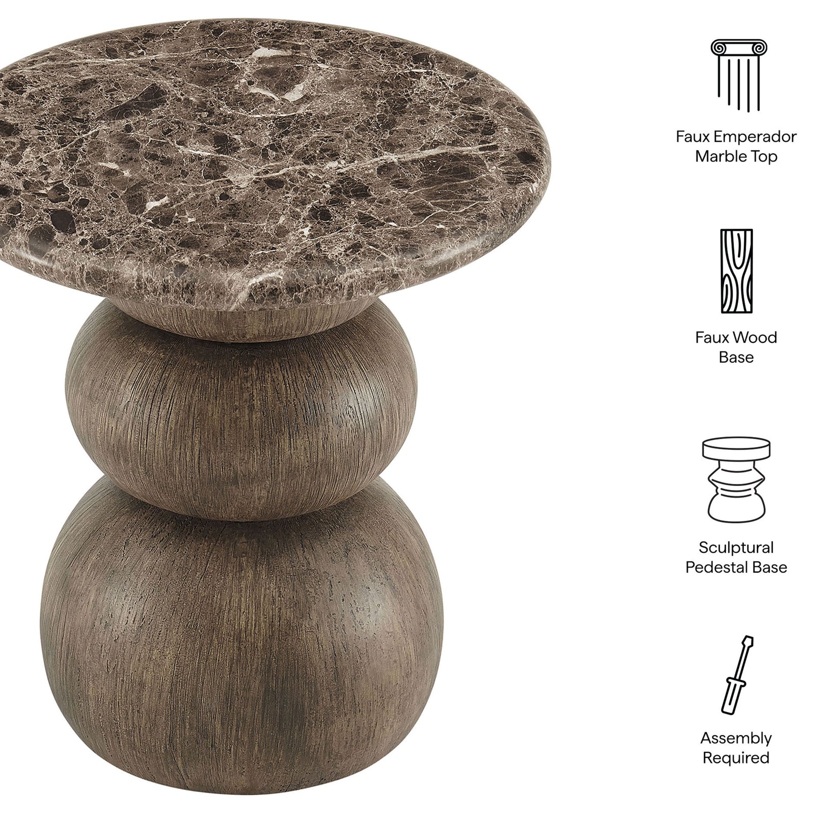 Pietra side table feature graphic highlighting the faux marble top, faux wood base, and sculptural pedestal design. || EEI-7625-EMP || callout_studio