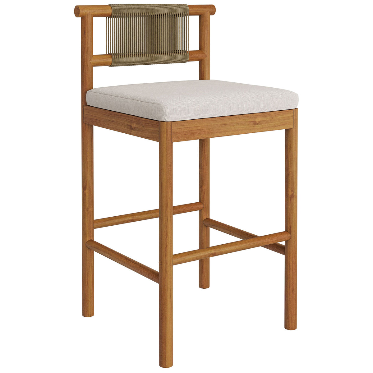 Angled view of teak bar stool showcasing slim frame, airy rope back and cushioned seat || EEI-7626-NAT-SAI || front_angle_studio