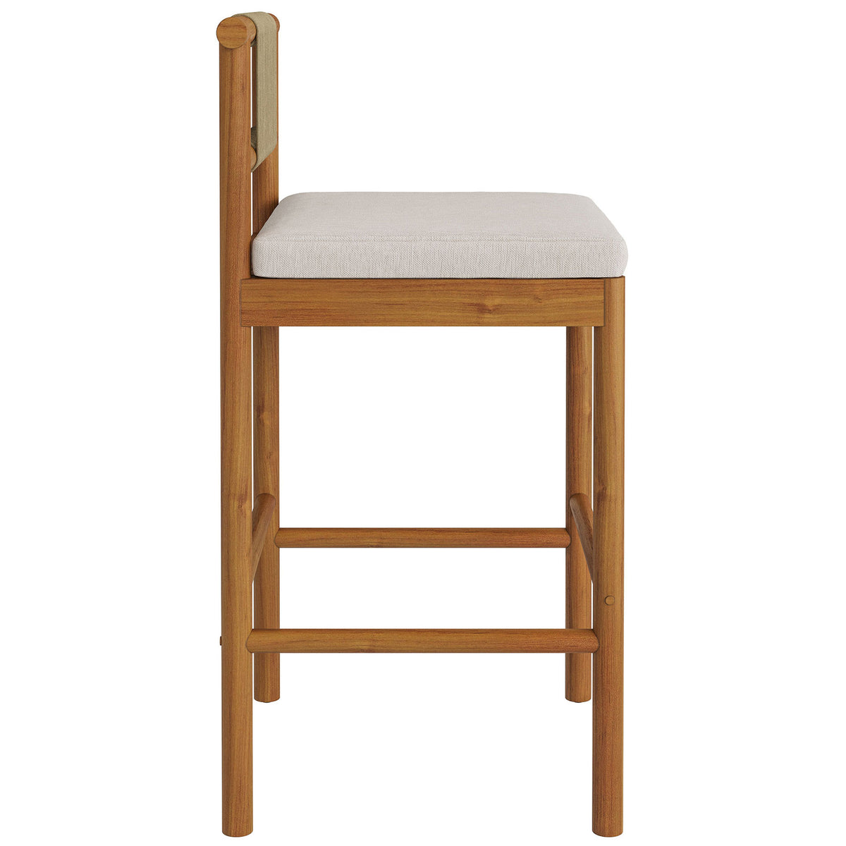 Side profile of bar stool with sturdy teak legs, integrated footrests and padded cushion || EEI-7626-NAT-SAI || side_studio