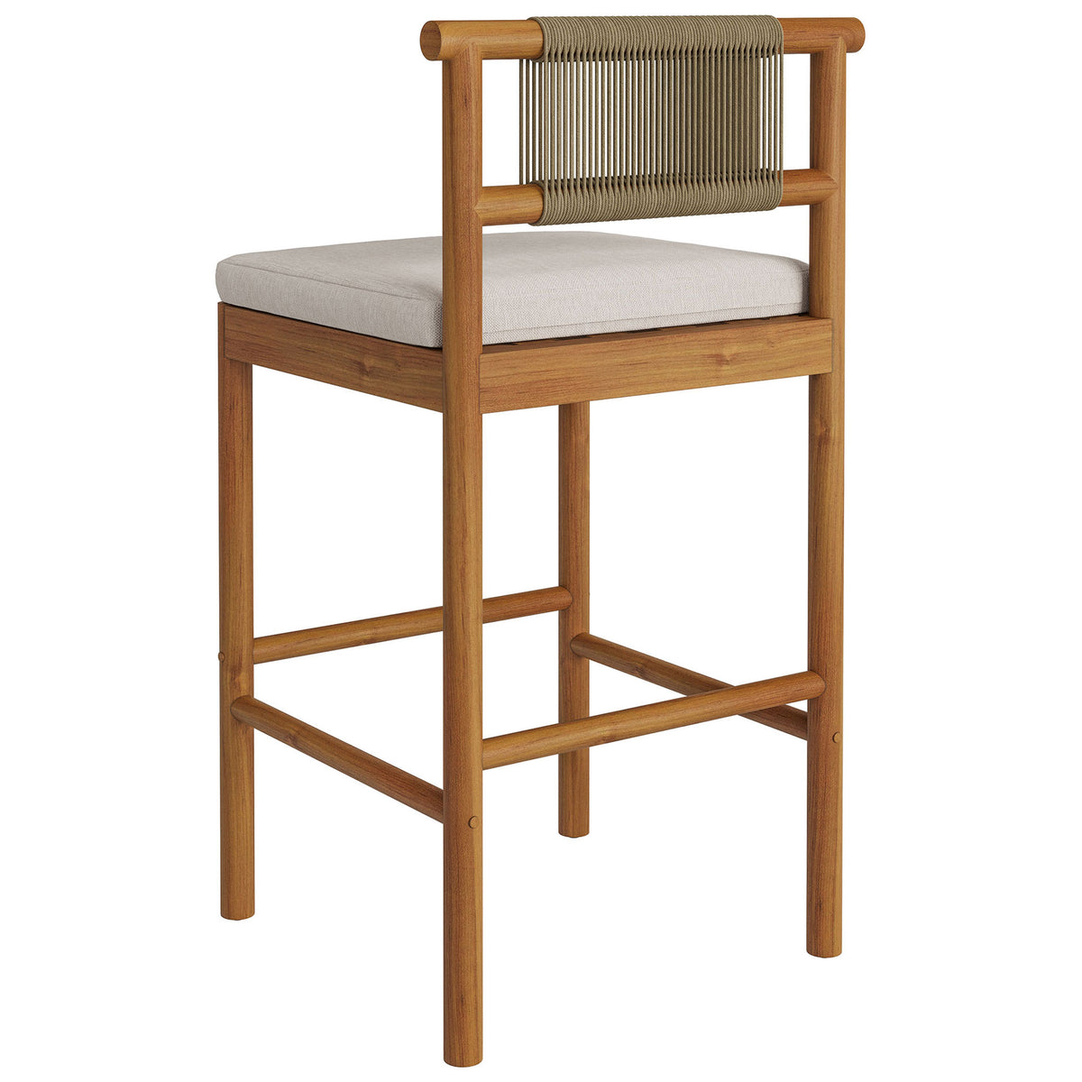 Back view of teak bar stool emphasizing the vertical woven rope back panel || EEI-7626-NAT-SAI || back_angle_studio