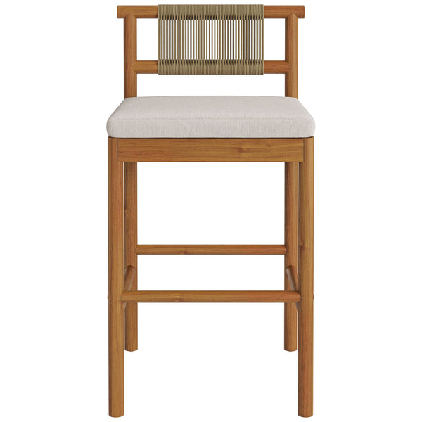 Teak outdoor bar stool with woven rope backrest and removable cream seat cushion || EEI-7626-NAT-SAI || front_studio